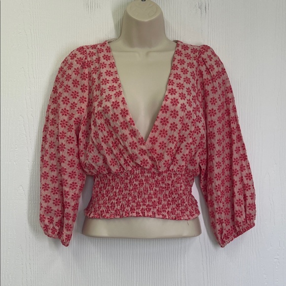 Zara - NWT Floral Print V Neck Smocked Waistband Quarter Sleeve Blouse Small - Picture 2 of 11